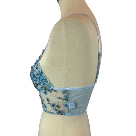 Blue Floral Embroidered Mesh Crop Bralette Adjustable Straps Size S - Picture 3 of 9